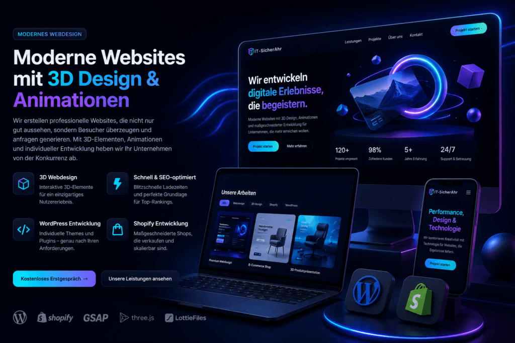 3D Webdesign und moderne Website Entwicklung mit WordPress, Shopify und individuellen Animationen