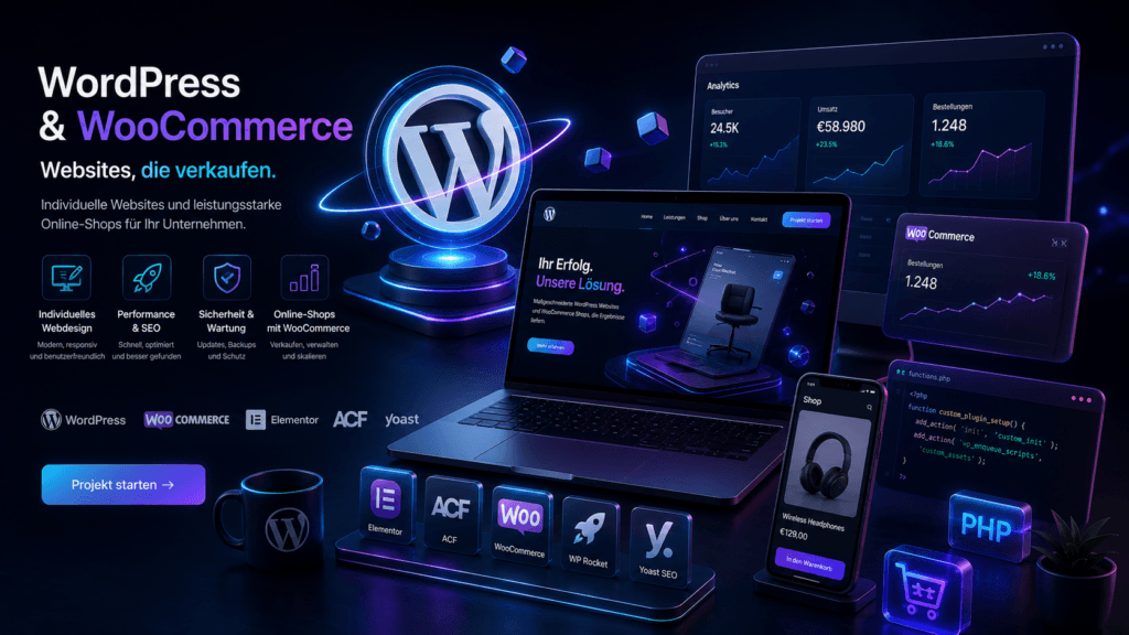 WordPress Website Entwicklung mit WooCommerce, Elementor und individueller Programmierung